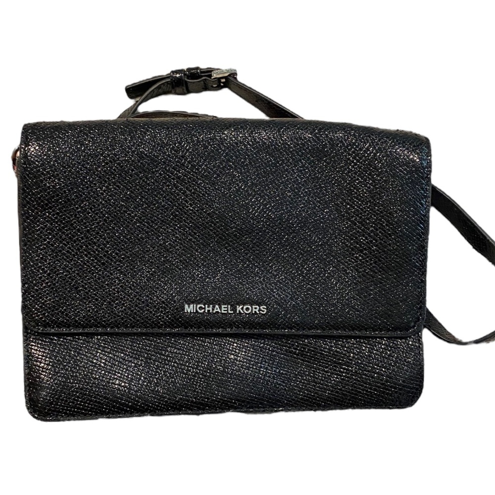 Michael Kors Black Large Gusset Crossbody Leather Purse Silver Hardware